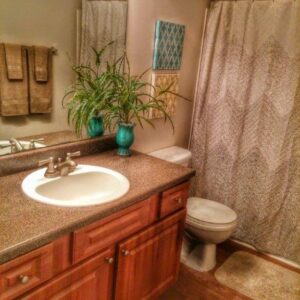 A bathroom with pretty wood flooring and nice mauve painted walls.