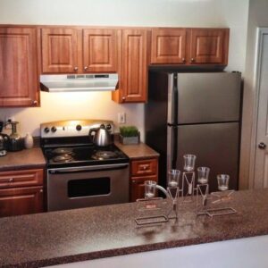 A narrow kitchen with wood floors and dark countertops?