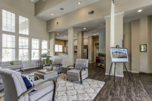 The entryway of the main building to the Riverwalk apartments.