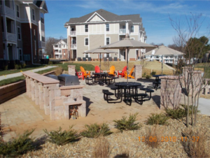 A pretty public patio for the Riverwalk Apartments