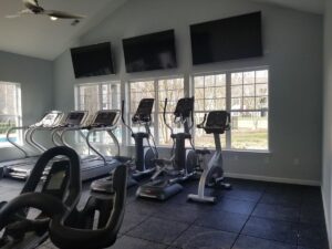 A set of elliptical and treadmills rest side by side.