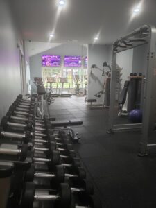 A large selection of weights and other exercise equipment.