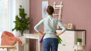 Lady standing in front of clean room