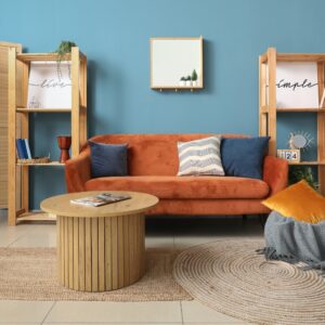 Tidy room with blue wall