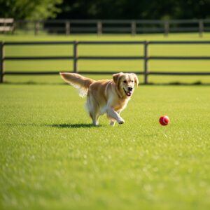A happy dog playing in the on-site bark park.