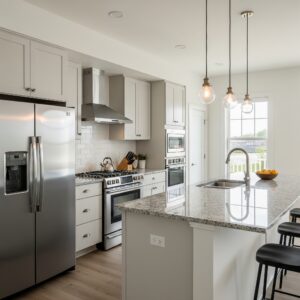 Modern kitchen with stainless steel appliances and granite countertops.