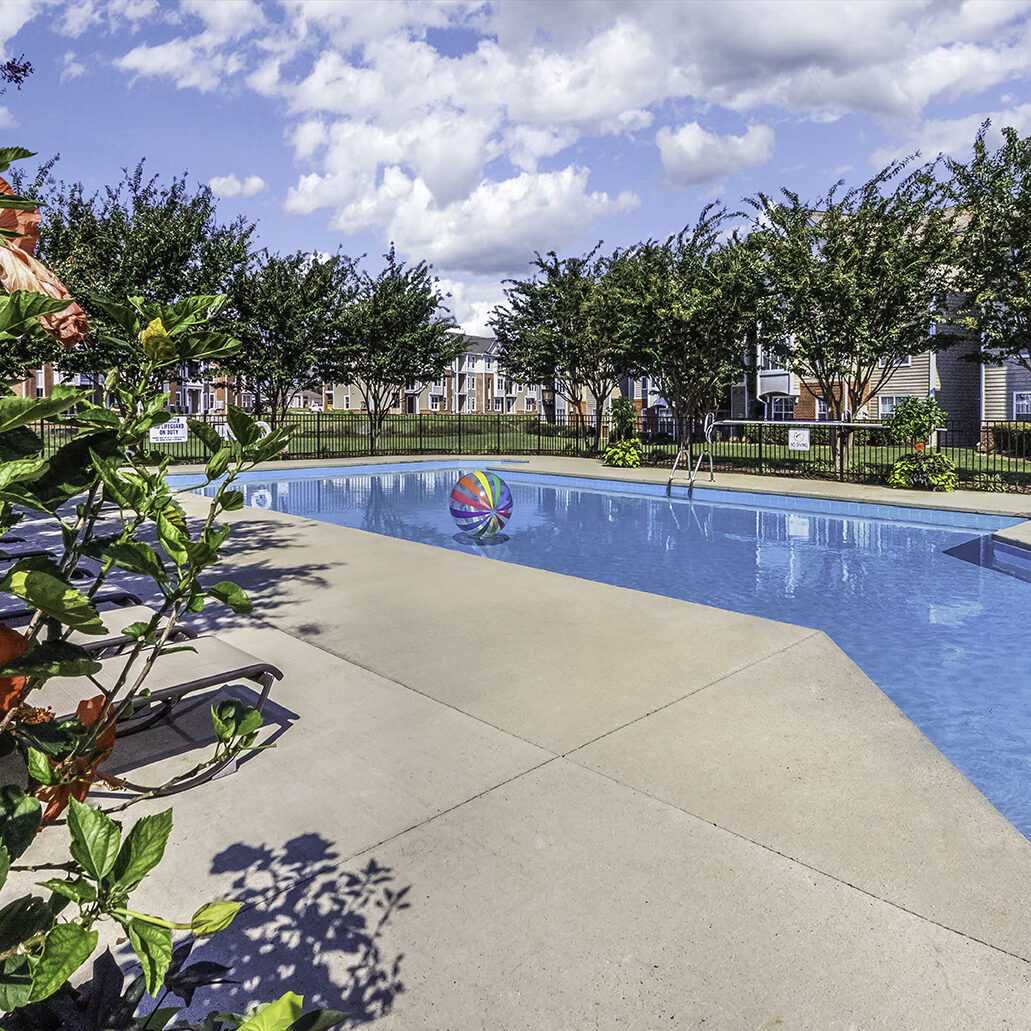 A picture of the beautiful, tree-lined pool at the Riverwalk Apartments